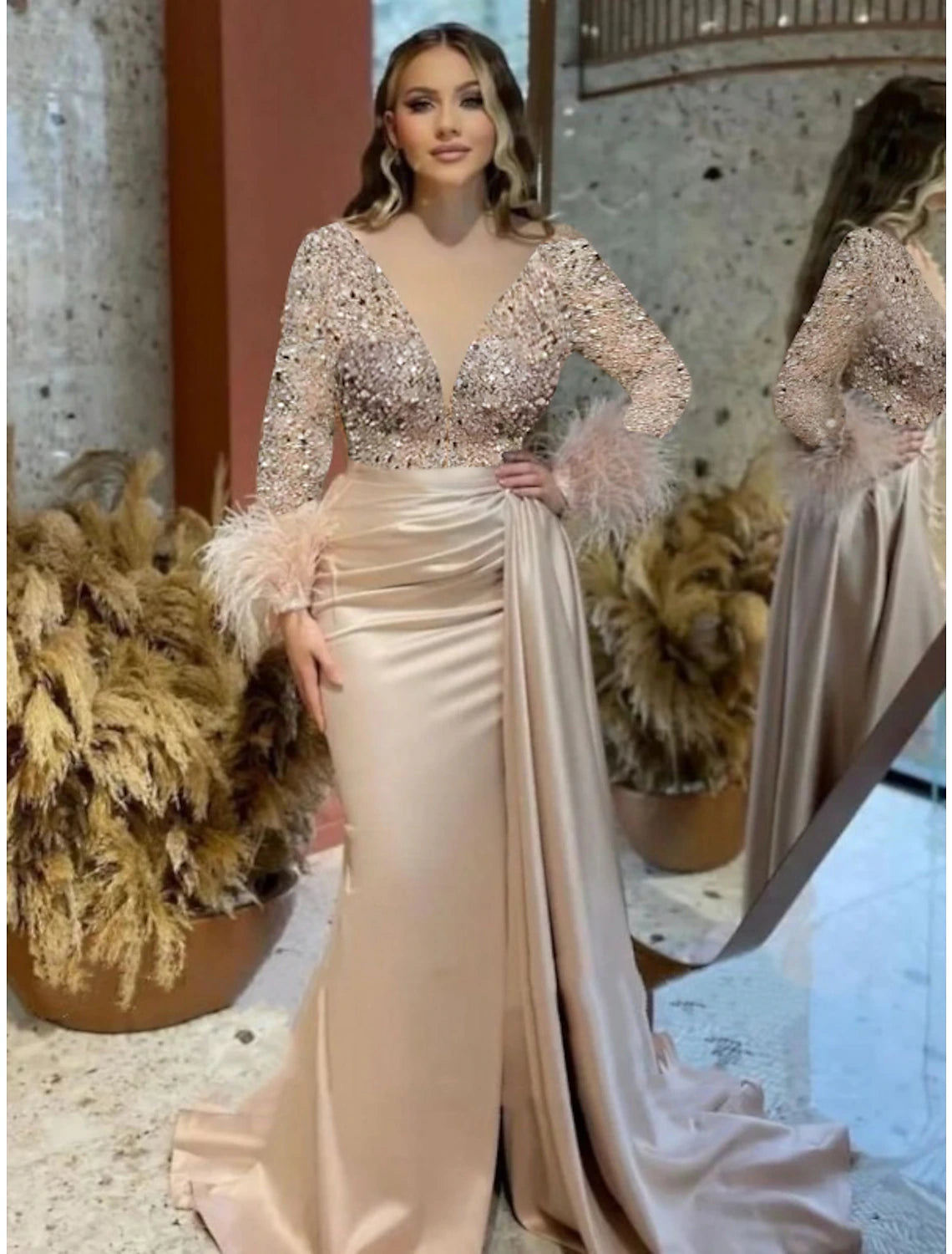 Mermaid Plus Size Dress Champagne Satin Evening Gown Sparkle Sequin Dress Walk Through Formal Wedding Court Train Long Sleeve V Neck with Feather Glitter Ruched