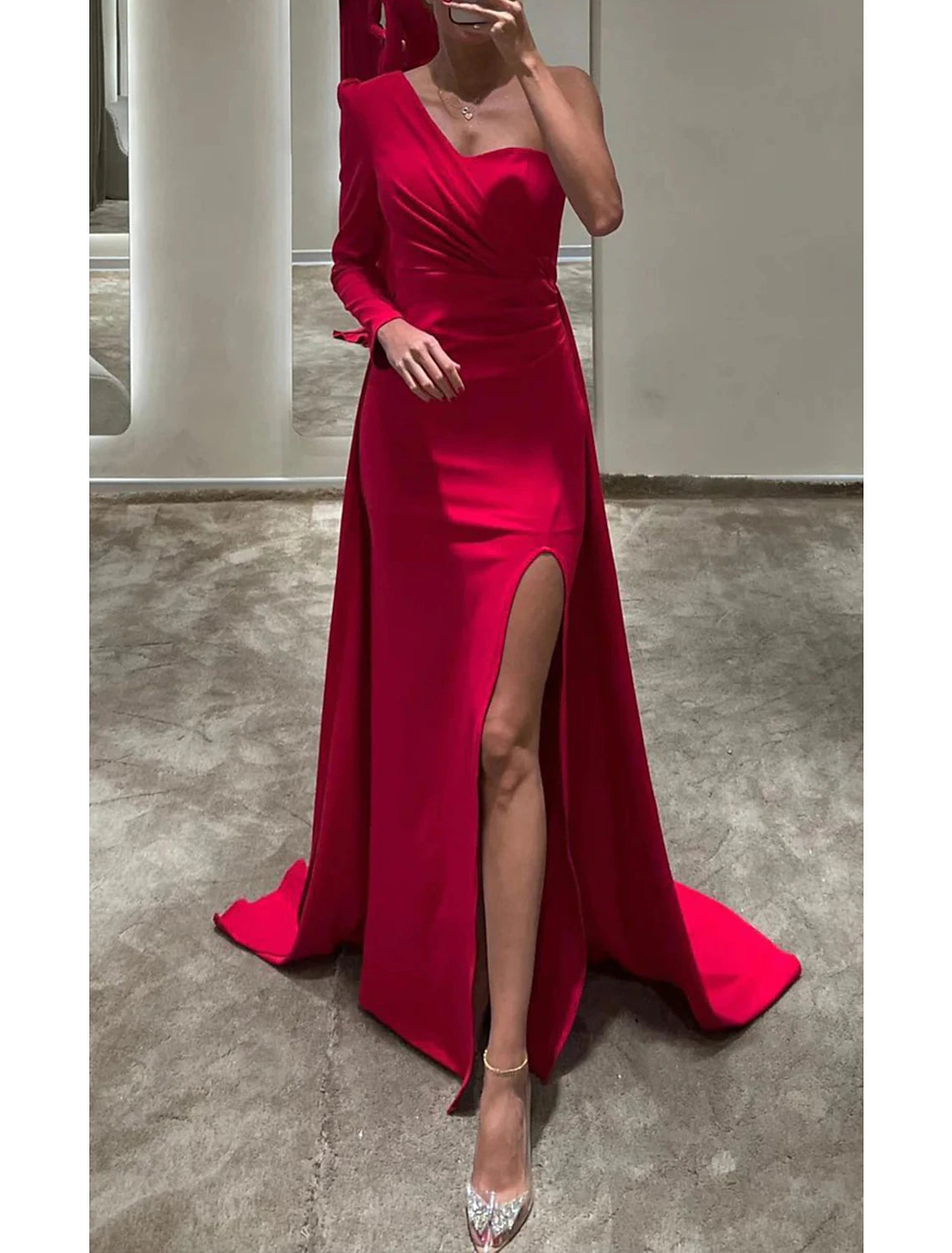 Mermaid / Trumpet Evening Gown Elegant Dress Formal Christmas Floor Length Long Sleeve One Shoulder Fall Wedding Guest Stretch Fabric with Ruched Slit