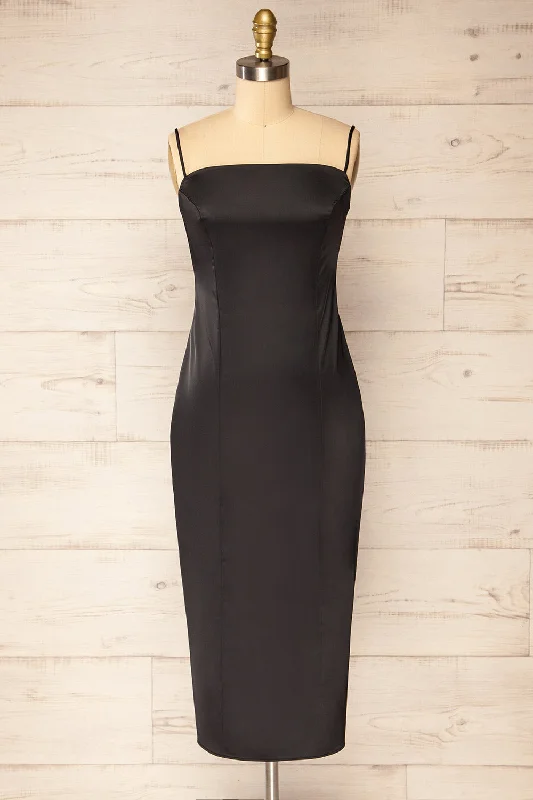 Korina Black | Fitted Satin Midi Dress