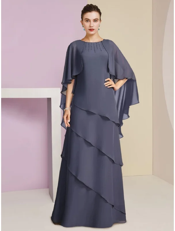 Sheath / Column Mother of the Bride Dress Wedding Guest Elegant Jewel Neck Floor Length Chiffon Half Sleeve with Sequin Tier Solid Color