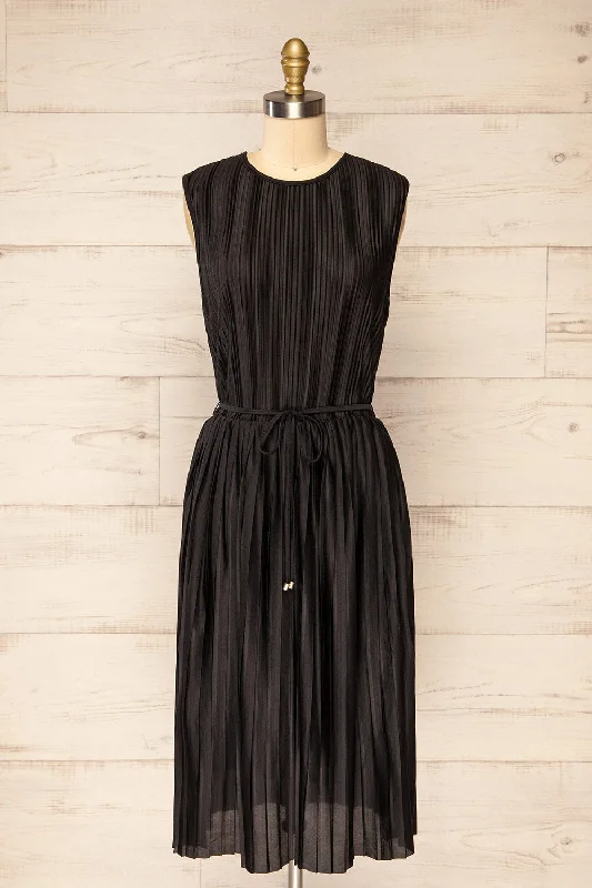 Padstow Black | Sleeveless Pleated Midi Dress