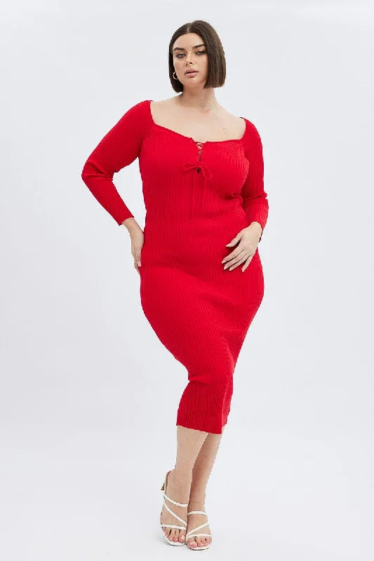 Red Knit Dress Lace Up Front Long Sleeve Rib