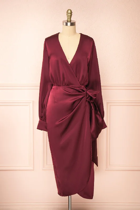 Lunaria Burgundy | Satin Wrap Midi Dress w/ Long Sleeves