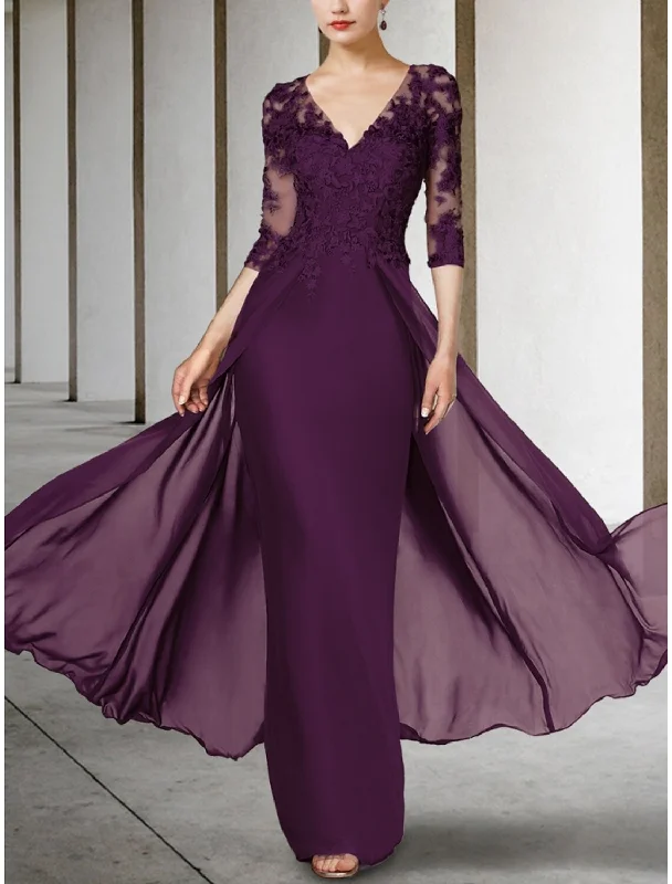 Sheath / Column Mother of the Bride Dress Wedding Guest Elegant V Neck Ankle Length Chiffon Lace Half Sleeve with Ruching Solid Color