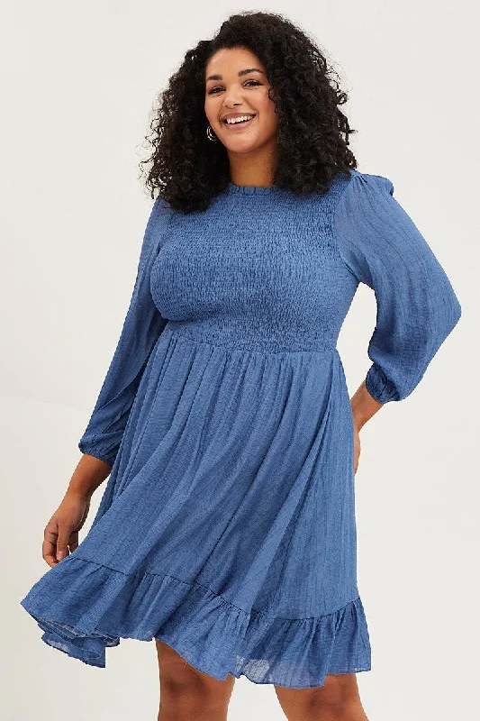 Blue Skater Dress Round Neck Long Sleeve Shirred