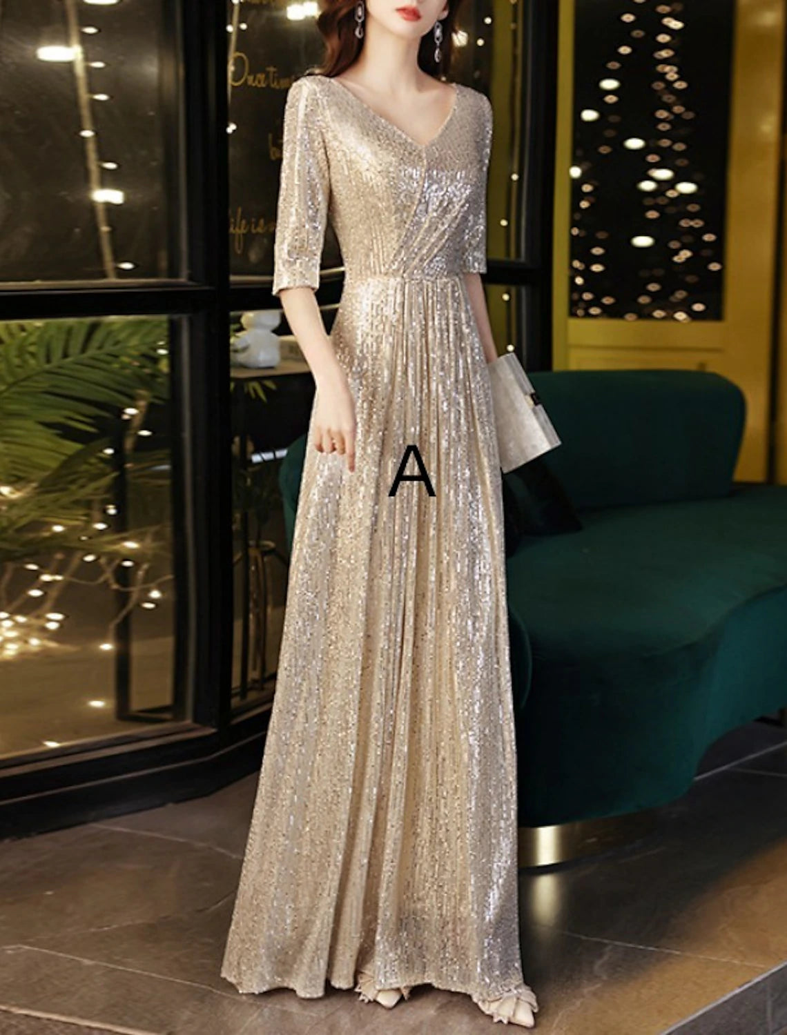 Sheath / Column Mother of the Bride Dress Wedding Guest Elegant Sparkle & Shine V Neck Floor Length Sequined Half Sleeve with Pleats