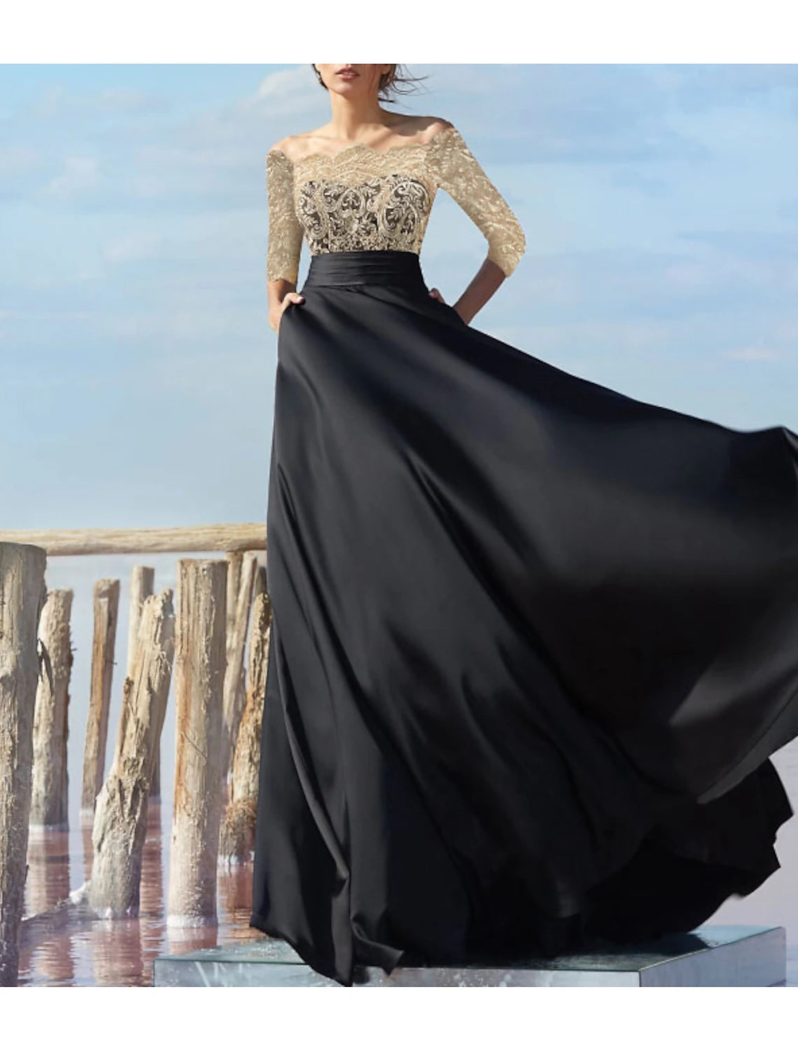 A-Line Empire Engagement Formal Evening Dress Off Shoulder Half Sleeve Floor Length Chiffon with Lace Insert Appliques