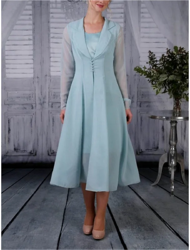 Two Piece A-Line Mother of the Bride Dress Wedding Guest Simple Elegant Shirt Collar Tea Length Chiffon Long Sleeve with Pleats Solid Color