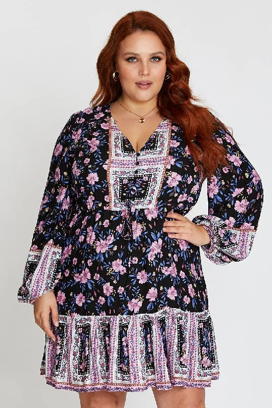 Floral Print Long Sleeve Boho Print Button Tiered Dress