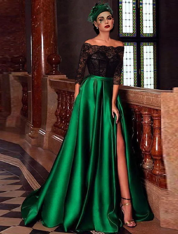 A-Line Evening Gown Vintage Dress Masquerade Engagement Floor Length 3/4 Length Sleeve Off Shoulder Satin with Appliques