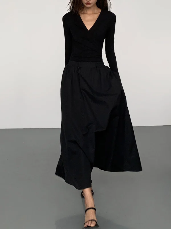 BerryBetty - V-Neck Double Pockets Long Sleeve Long Dress