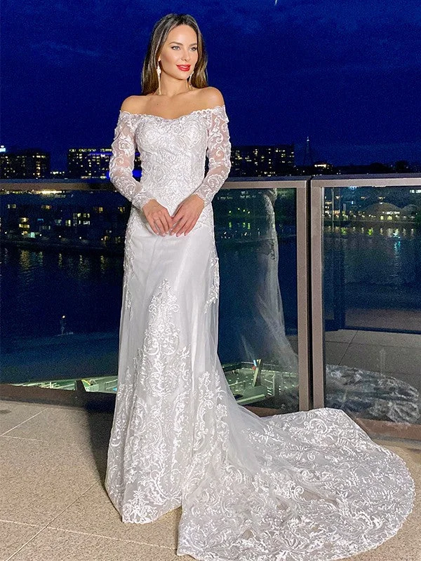 Sheath/Column Lace Off-the-Shoulder Long Sleeves Court Train Wedding Dresses