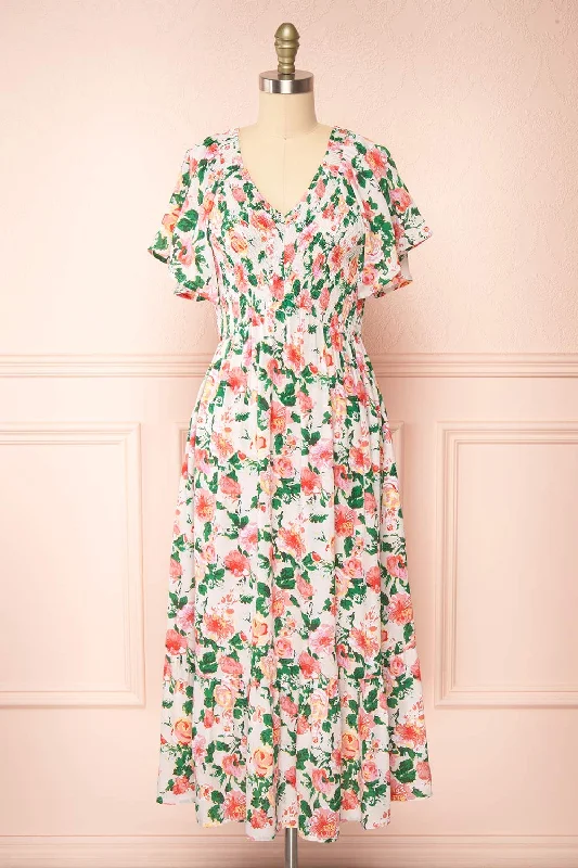 Senna | Floral Midi Dress w/ Ruched Bust