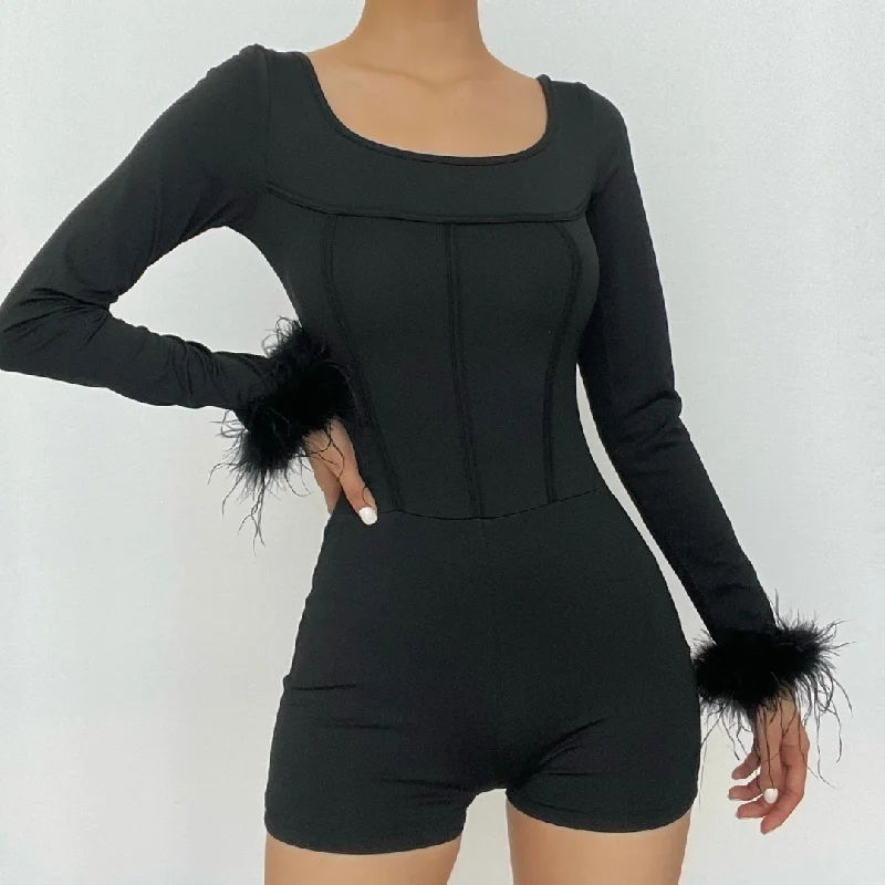 BerryBetty - Feather corset long sleeve backless solid romper