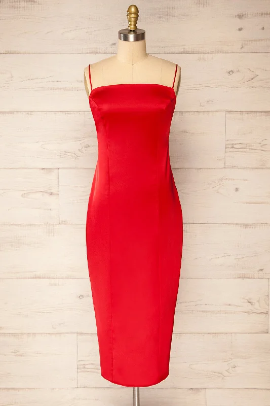 Korina Red | Fitted Satin Midi Dress