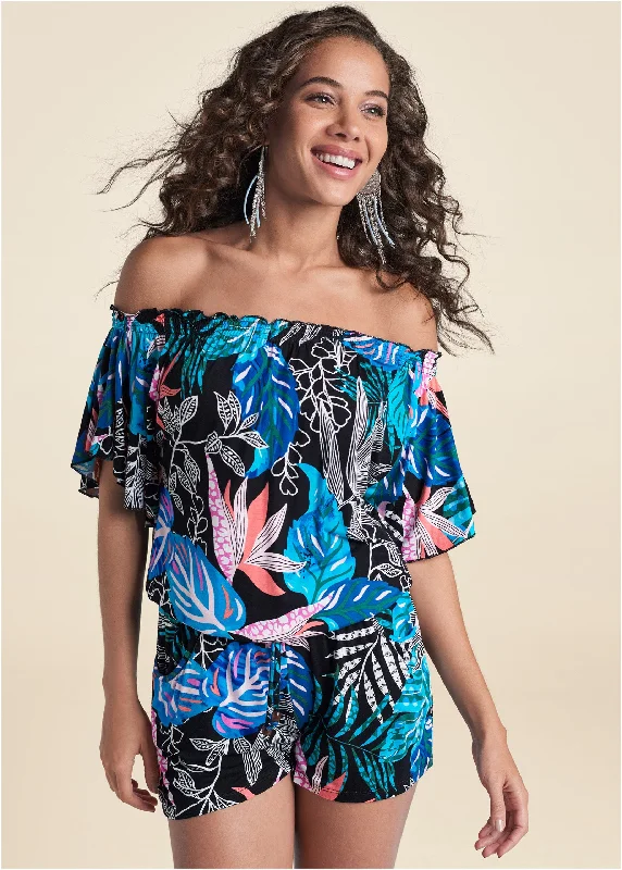 Bahamian Palm Off Shoulder Romper - Blue Multi