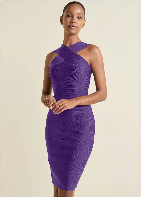 Cross-Neck Bandage Dress - Purple