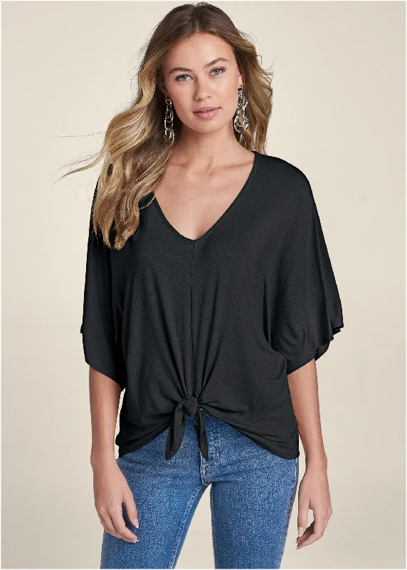 Knot Twist V-Neck Tee - Black