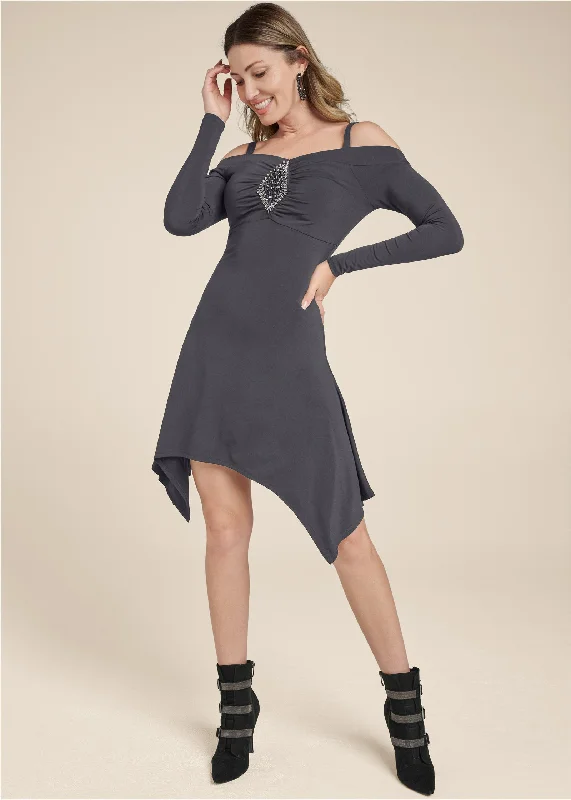 Hanky-Hem Embellished Dress - Dark Grey