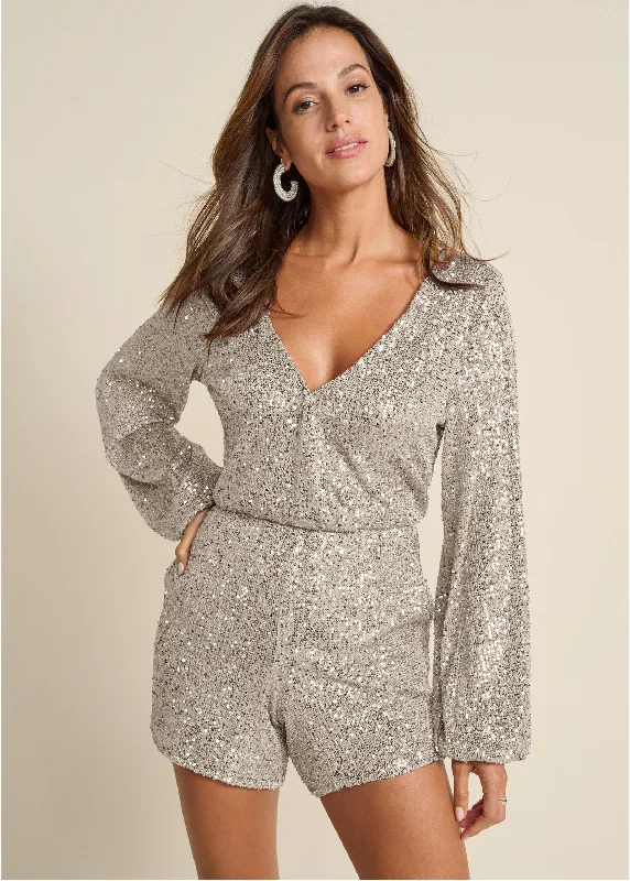 Surplice Sequin Romper - Champagne