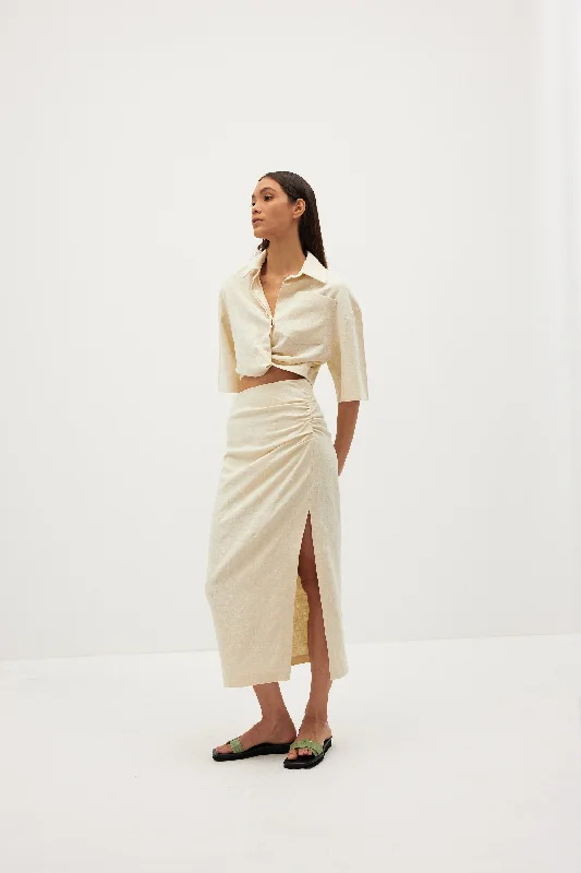 Gathered Deep Slit Midi Skirt, Eggshell