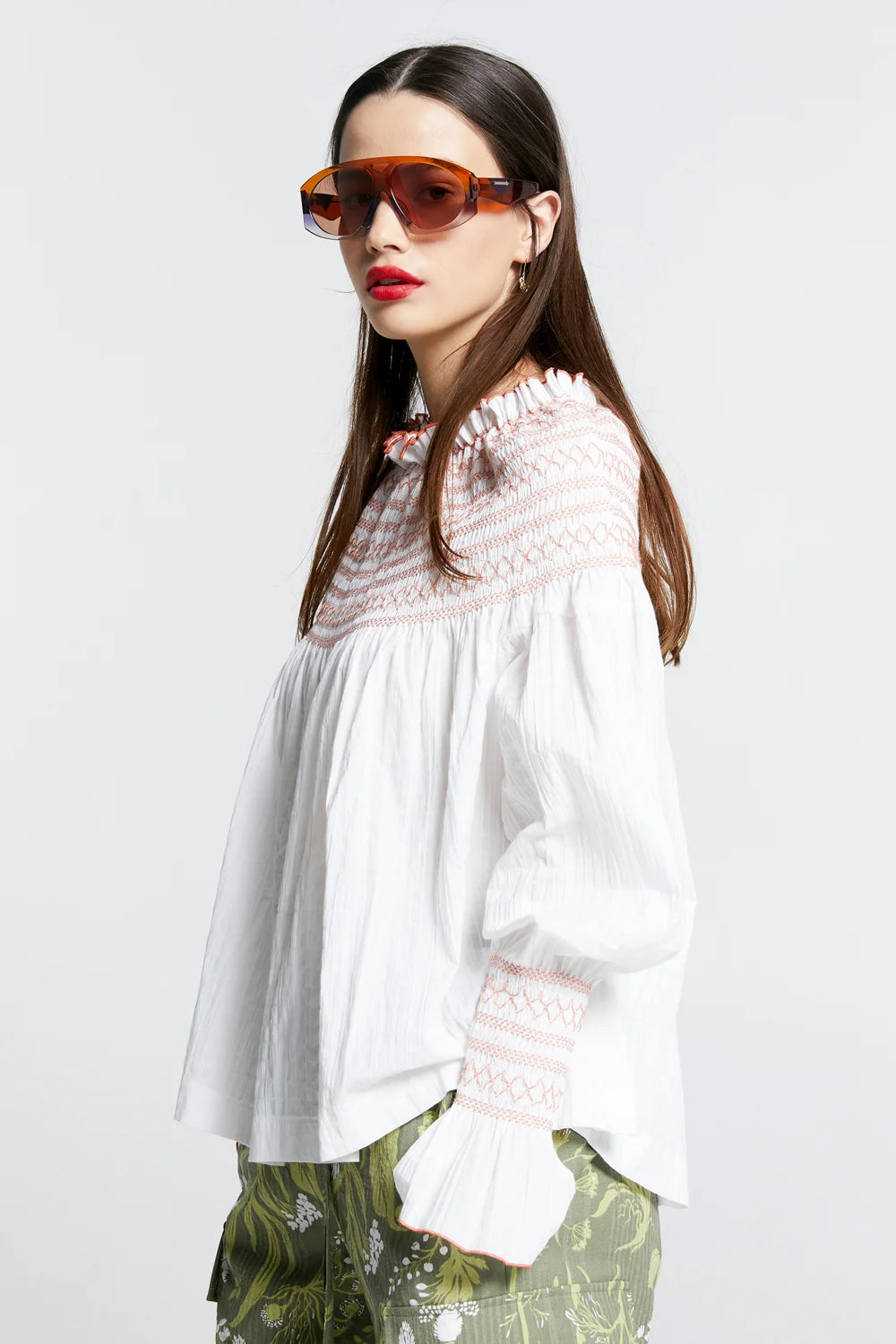 Karen Walker Gaia Long Sleeve Smocked Blouse - Off White/Watermelon