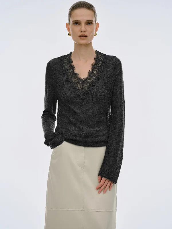 Katie Lace Knit Top, Charcoal