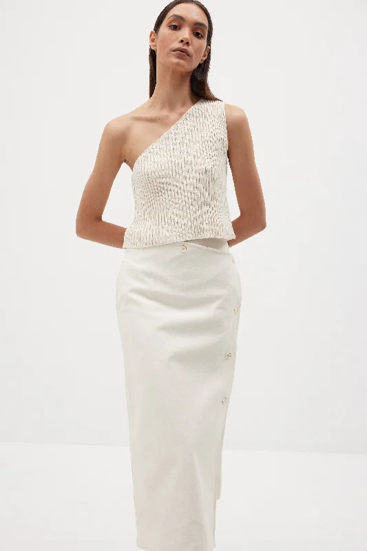 One Shoulder Ribbed Knit Top, Alabaster