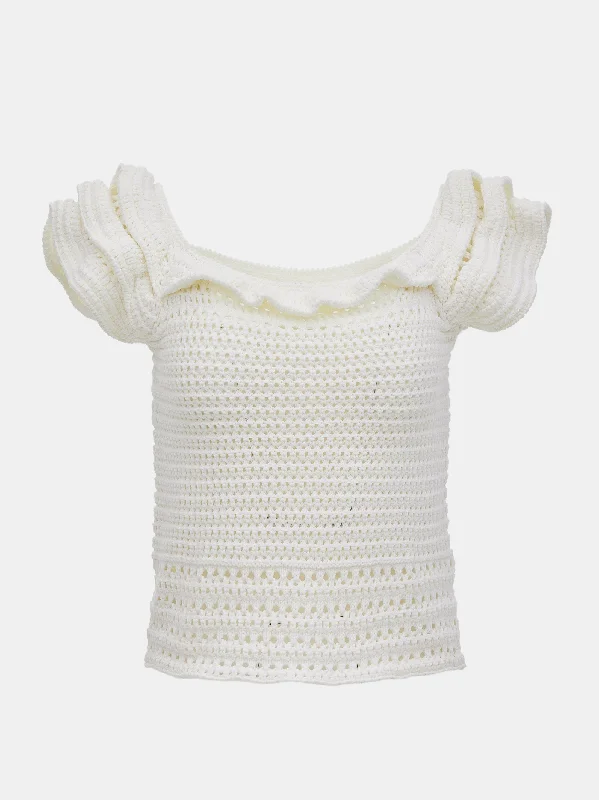 Ruffle Crochet Top, Ivory