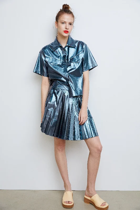 Metallic Pleated Skirt, Blue