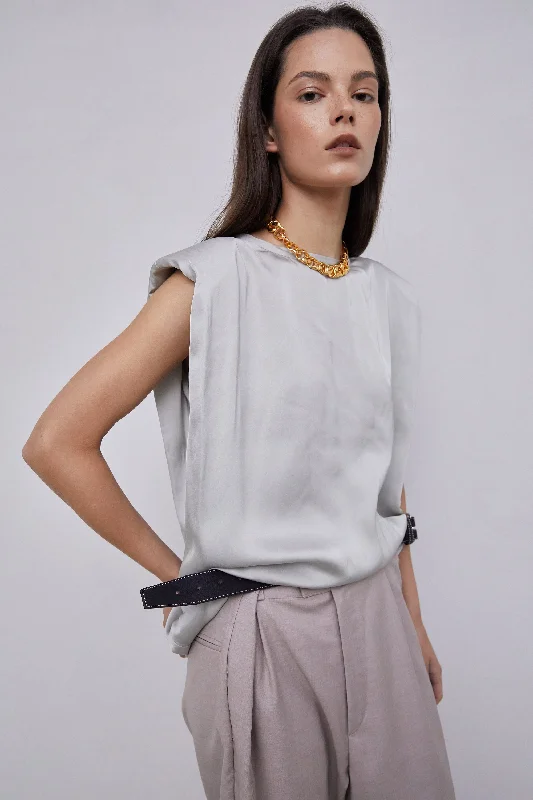 Padded Shoulder Satin Muscle Top, Silver Grey