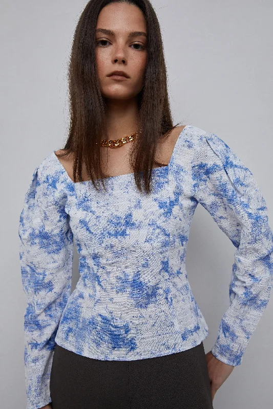 Linen Printed Square Neck Top, Blue