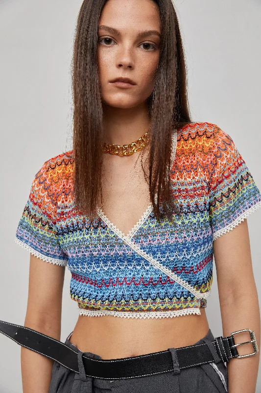 Rainbow Cropped Tie Knit Top, Orange & Blue