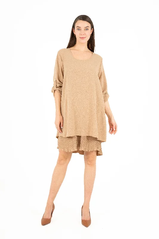 M Made in Italy – Scoop Neckline Woven Dress With Rollable Long Sleeves