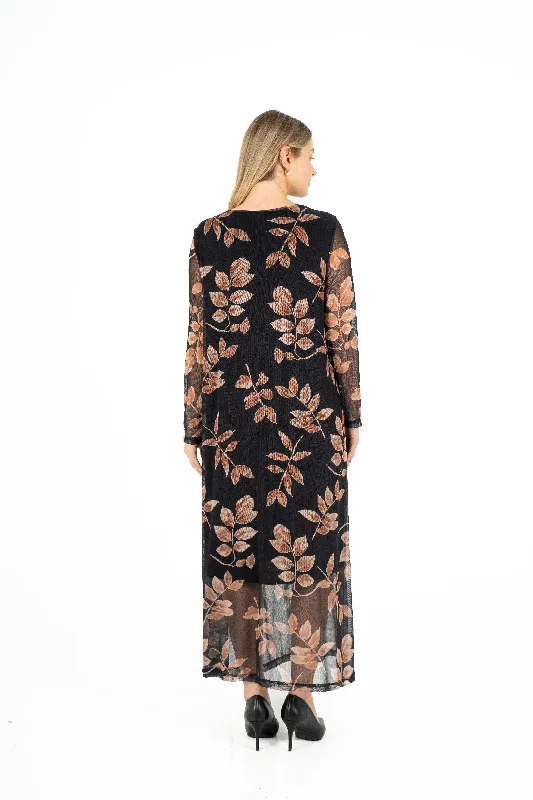 M Made in Italy – Printed V-Neck Dress With Sheer Long Sleeves – Black Branches