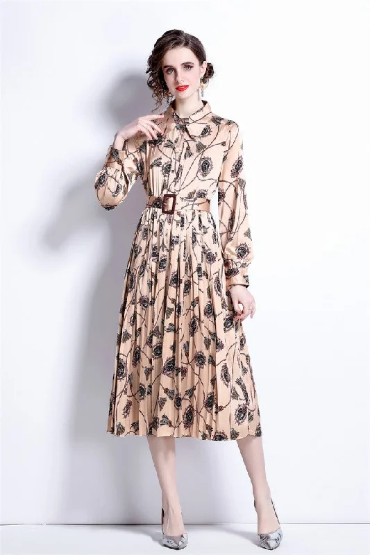 Apricot & Print Day A-line Long Sleeve Below Knee Dress