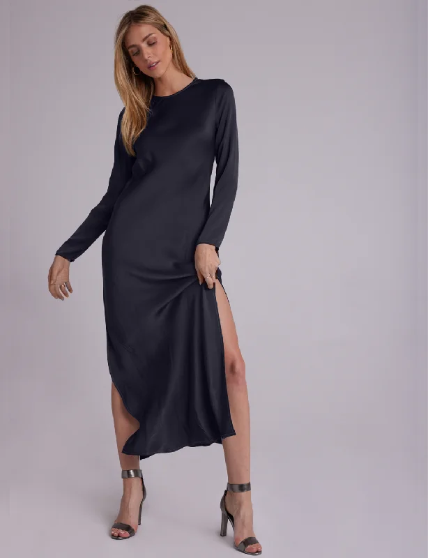 Bias Long Sleeve Slip Dress, Black