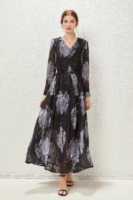 Black & Gray Cocktail A-line V-neck Long Sleeve Tea Floral Dress