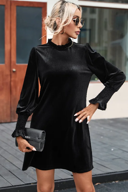 Velvet Frill Neck Long Sleeve Shift Dress