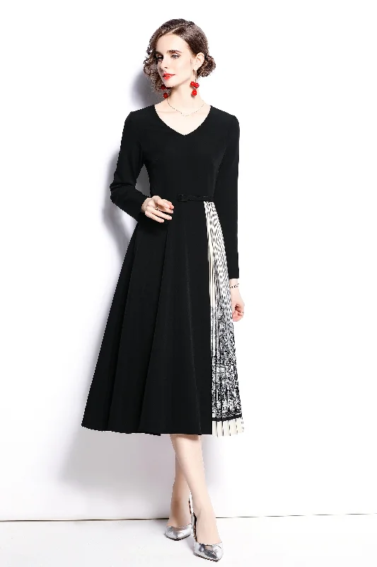 Black & White Office A-line V-neck Long Sleeve Below Knee Dress