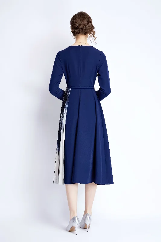 Blue Office A-line V-neck Long Sleeve Below Knee Dress