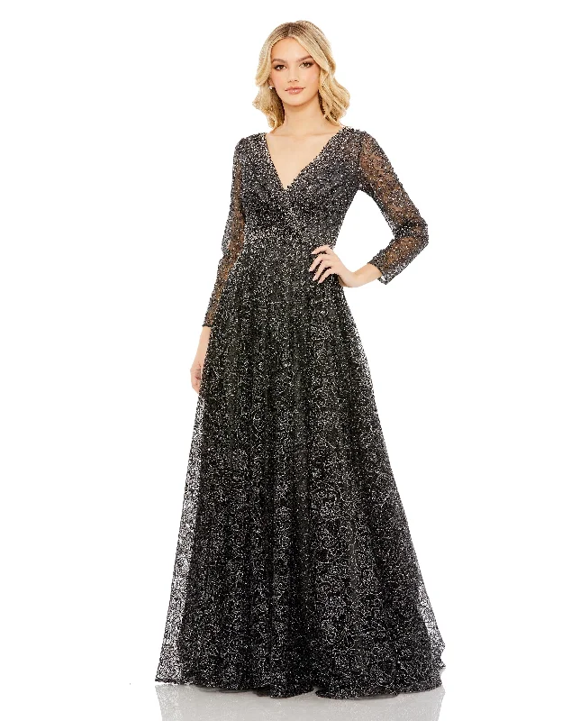 Embellished Illusion Long Sleeve V Neck Gown