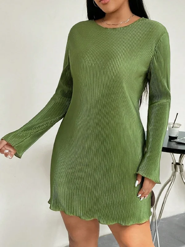 Honey Plus Size Lettuce Hem Round Neck Long Sleeve Dress