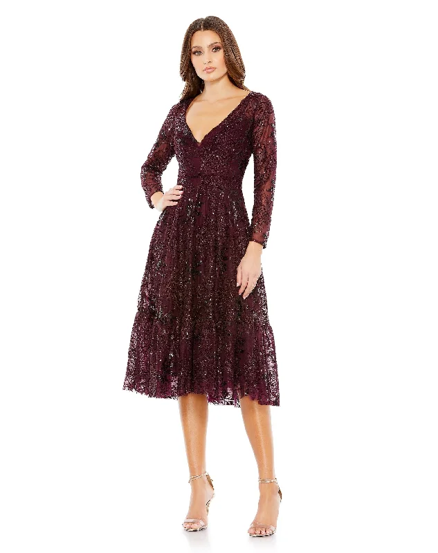 Lace Embellished Long Sleeve Rufffle Hem Dress