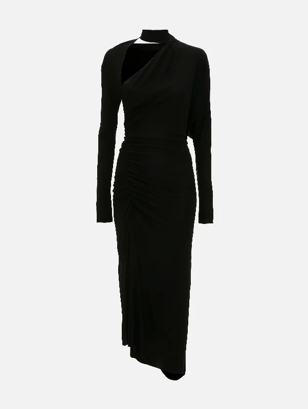 Long Sleeve Slash Neck Jersey Gown in Black