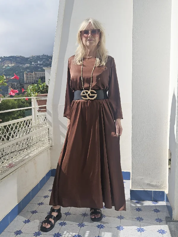 Long Sleeved Satin Dress Bronze