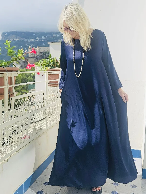 Long Sleeved Satin Dress Navy