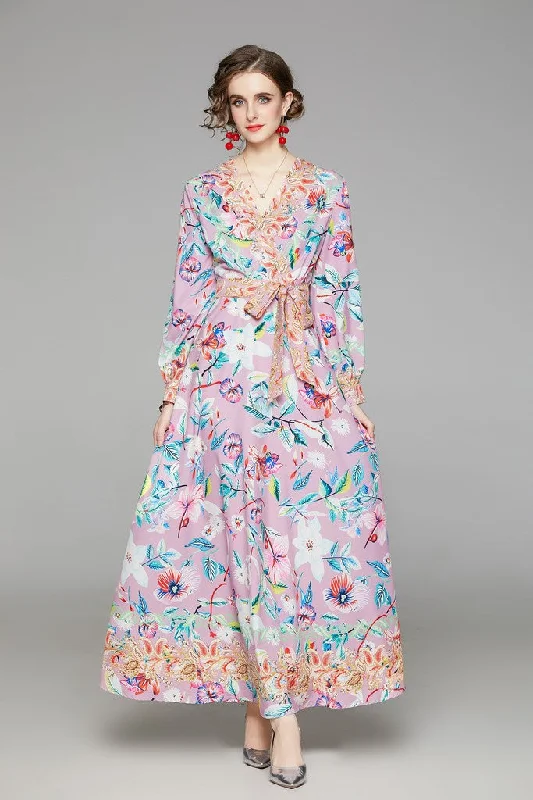 Pink & Flower print Day A-line V-neck Long Sleeve Tea Dress