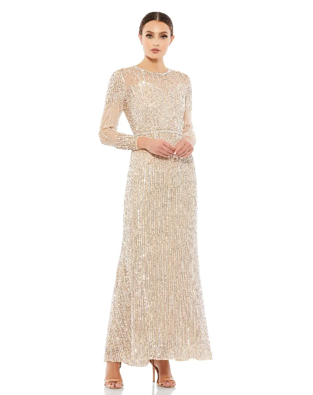 Sequined Illusion High Neck Long Sleeve Trumpet Gown