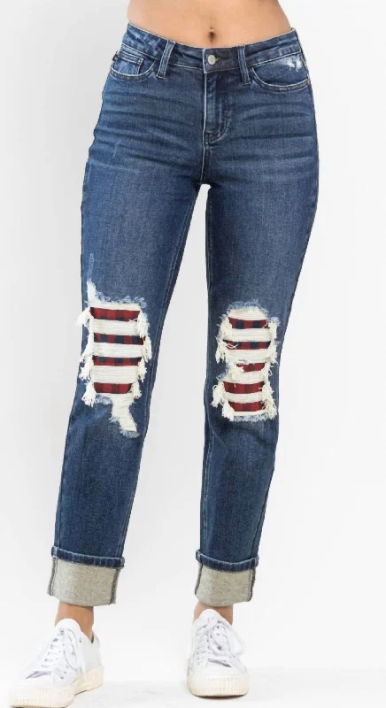 Buffalo Plaid Knee Jeans In Blue